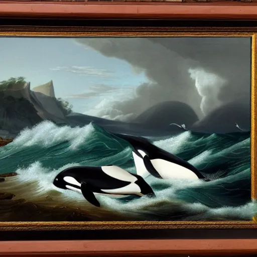 Prompt: orcas at sea, stormy, asher brown durand, highly detailed, artstation