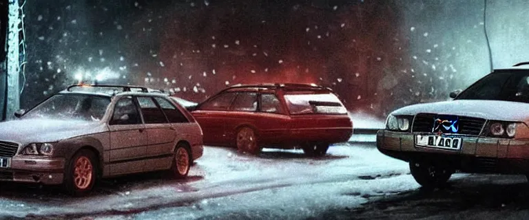 Image similar to Audi A4 B6 Avant (2002), a gritty neo-noir, dramatic lighting, cinematic, eerie person, death, homicide, homicide in the snow, viscera splattered, gunshots, establishing shot, extremely high detail, photorealistic, cinematic lighting, artstation, by simon stalenhag, Max Payne (PC) (2001) winter New York at night, In the style of Max Payne 1 graphic novel, flashing lights, Poets of the Fall - Late Goodbye