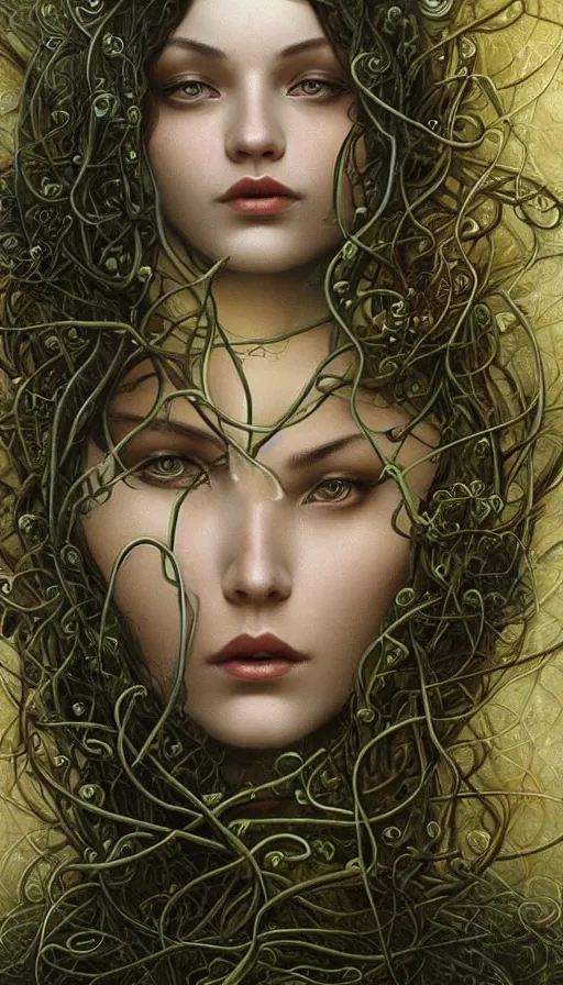 Prompt: very detailed portrait of a 2 0 years old girl surrounded by tentacles, the youg woman visage is blooming from fractal and vines, by karol bak