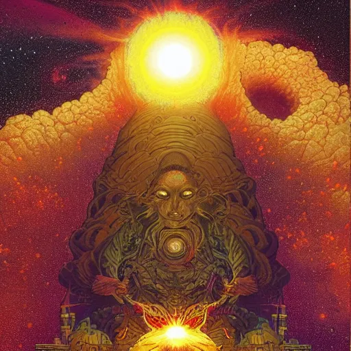 Prompt: tantric nuclear explosion releasing cosmic energies within an astral apocalypse, by Ferdinand Knab and by Dan Mumford, silkscreen t-shirt art, CGSociety