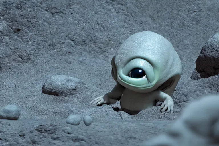 Image similar to vfx movie scene closeup adorable little baby alien creature in moon desert eating a rock. by emmanuel lubezki