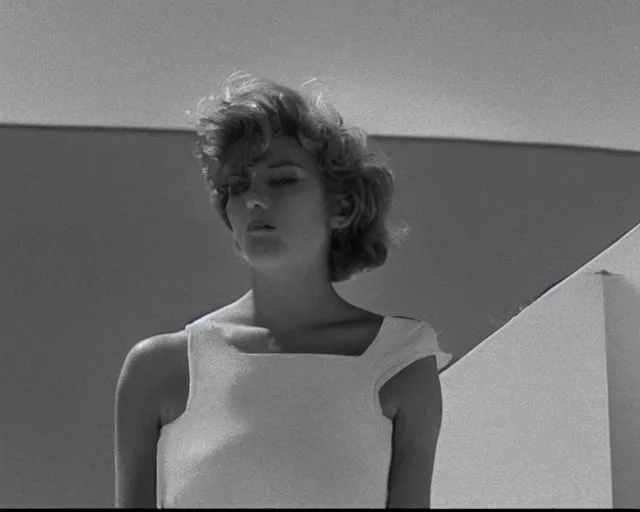 Image similar to a still of a young woman standing on a huge concrete white balcony, high above the ground, of a minimalist brutalist beach house, outside view, angle, clear sky and background, in the music video Wrapped Around your Finger (1983)