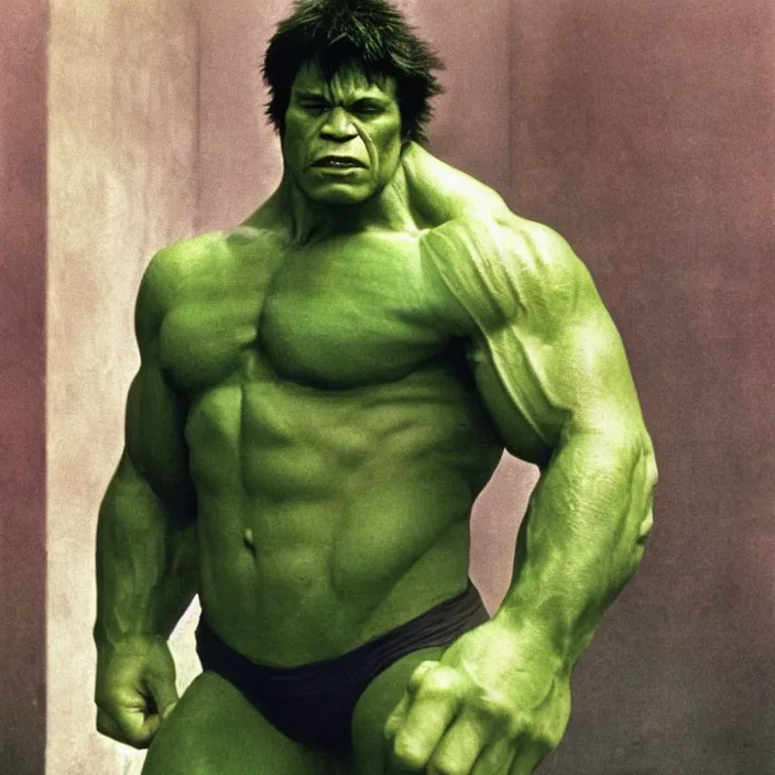 Image similar to a color photo portrait of the incredible hulk in new york city by richard avedon dramatic lighting.