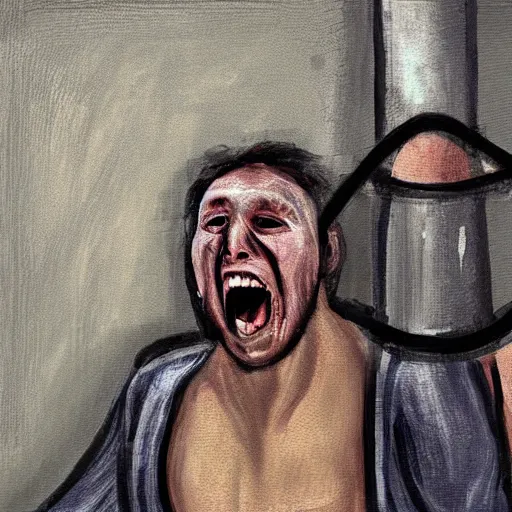 Image similar to a screaming prisoner holding prison bars, realism old painting