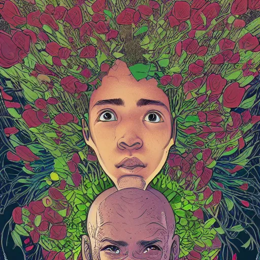 Prompt: hyper detailed comic illustration of a beautiful flower growing out of the head of a young mixed race explorer\'s head, by Josan Gonzalez and Geof Darrow, highly detailed, 8k wallpaper