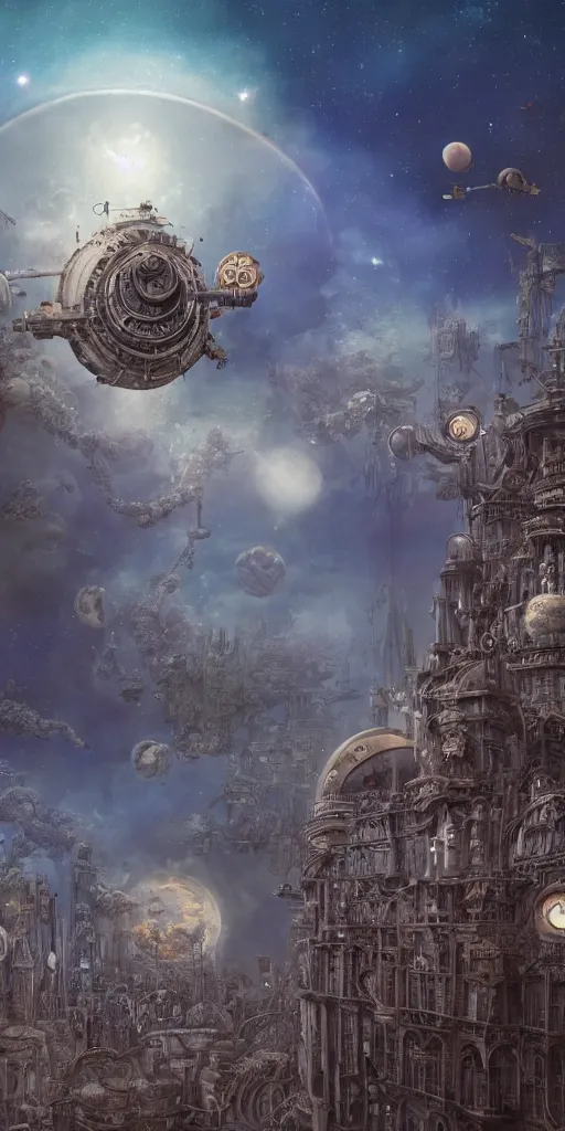 Image similar to 2 planets close to their star, detailed steampunk, insanely detailed and intricate, atmosphere, epic composition, recessions of the mind, mind and reality, computational complexity, pastel colors, wide angle shot, hypermaximalist, ornate, luxury, matte painting, cinematic, miyazaki, by marc simonetti and studio ghibli, 8 k render