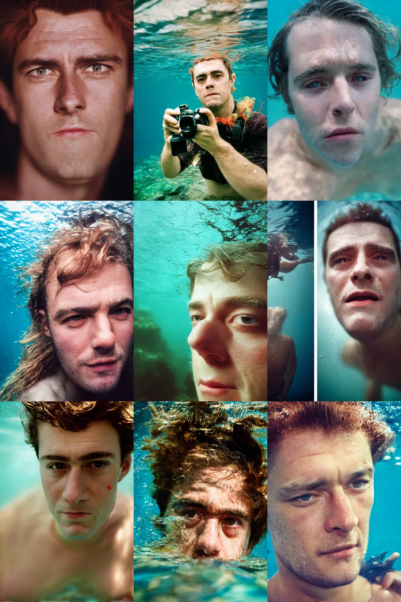 Prompt: Kodak portra 160, 8K, highly detailed, portrait, focus on face: famous french actor in low budget movie remake, underwater scene