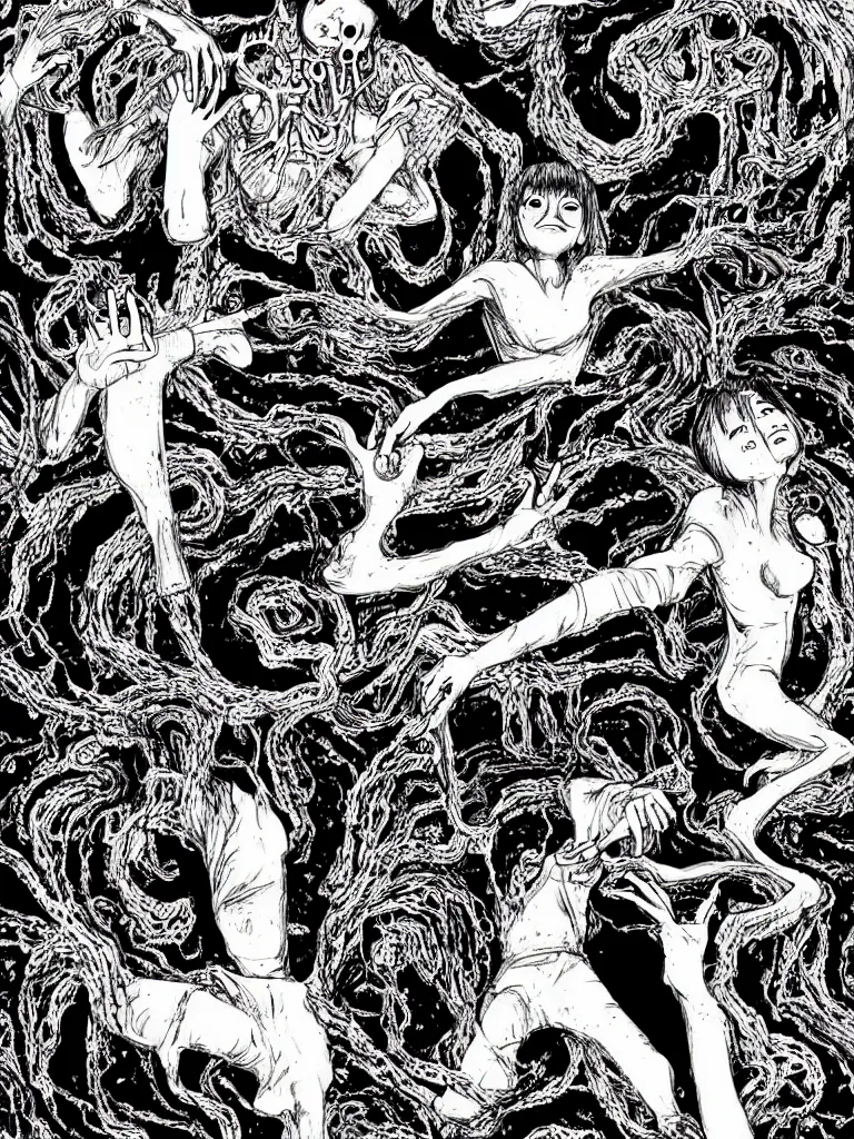 Prompt: black and white illustration creative design junji ito body horror