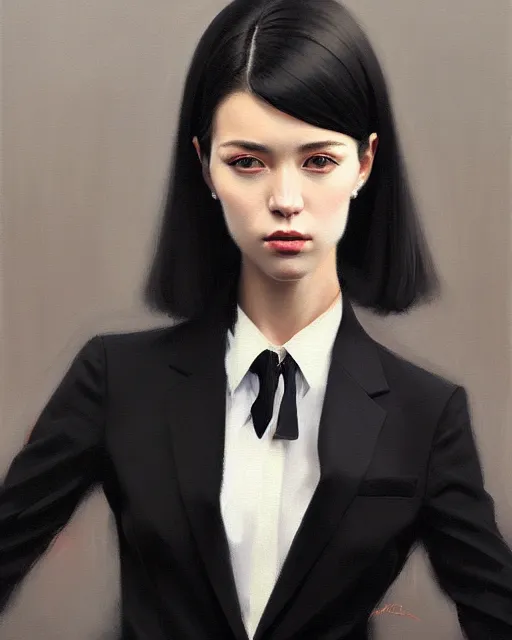 Image similar to a ultradetailed beautiful portrait panting of a stylish woman wearing a black loose fit suit with a tie, oil painting, by ilya kuvshinov, greg rutkowski and makoto shinkai, trending on artstation