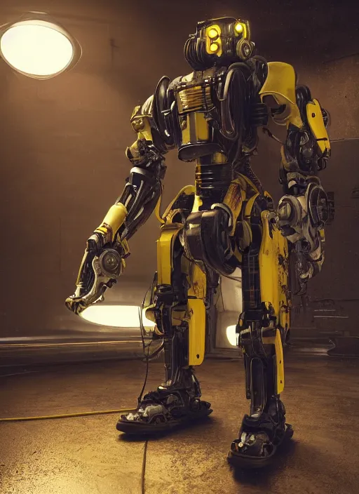 Image similar to a photorealistic dramatic hyperrealistic render of a futuristic exosuit power loader heavy machinery, ultra realistic details, glossy yellow, well worn, rust, oil stains by vitaly bulgarov and mike nash, beautiful dramatic dark moody tones and lighting, cinematic atmosphere, studio lighting, global illumination, shadows, dark background, octane render, 8 k