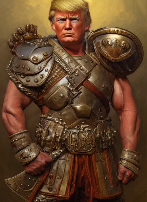 Prompt: portrait, muscular donald trump warrior, heavy bronze breastplate, by donato giancola, wayne reynolds, jeff easley dramatic light, high detail, cinematic lighting, artstation, dungeons and dragons, in the mountains