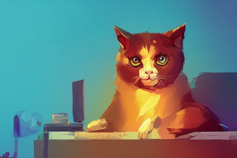 Image similar to a digital art of a godfather cat sitting by the desk, animal, light effect, highly detailed, by anton fadeev