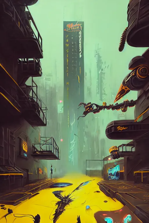 Image similar to matte painting of warped extreme 3 d calligraphy robot graffiti tag mural maximalism by atey ghailan, by greg rutkowski, by greg tocchini, by james gilliard, by joe fenton, yellow, brown, black and cyan color scheme, octane render