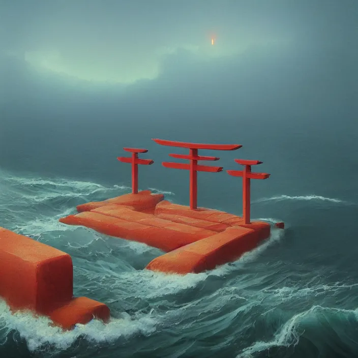 Image similar to a beautiful painting of a torii at sea by simon stalenhag and zdzisław beksinski and rene magritte and greg rutkowski, in style of digital art. hyper detailed, sharp focus, soft light. unreal engine 5. ray tracing. trending on artstation