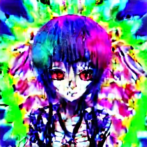 Prompt: emo moe anime girl, scene, rainbowcore, vhs monster high, glitchcore witchcore, checkered spiked hair, witchcore clothes, pixiv detailed maximalist maximalism, a hacker hologram by penny patricia poppycock, pixabay contest winner, holography, irridescent, photoillustration, maximalist vaporwave