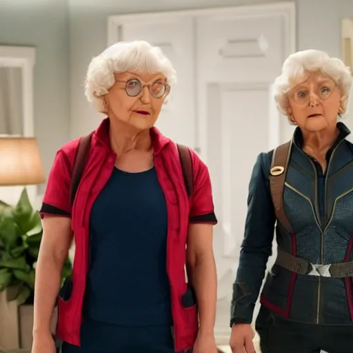 Image similar to Avengers Endgame (2019) played Rose and Dorthy from the Golden Girls, close up action, 8K, 4K, action shot, movie still, cinematic