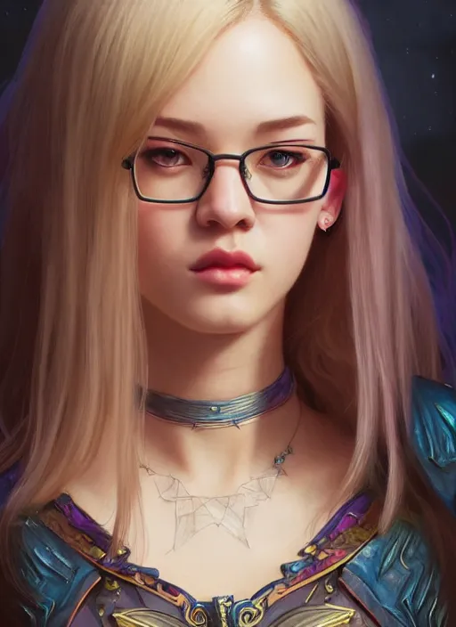 Prompt: jossi of blackpink, wearing glasses, wearing dress, deep focus, d & d, fantasy, intricate, elegant, highly detailed, digital painting, artstation, concept art, matte, sharp focus, illustration, hearthstone, art by artgerm and greg rutkowski and alphonse mucha