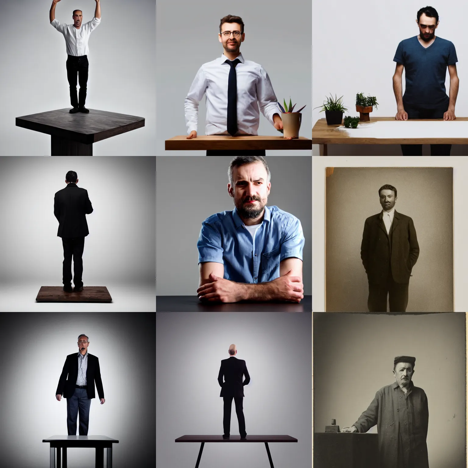 Prompt: A man standing on the table, white background