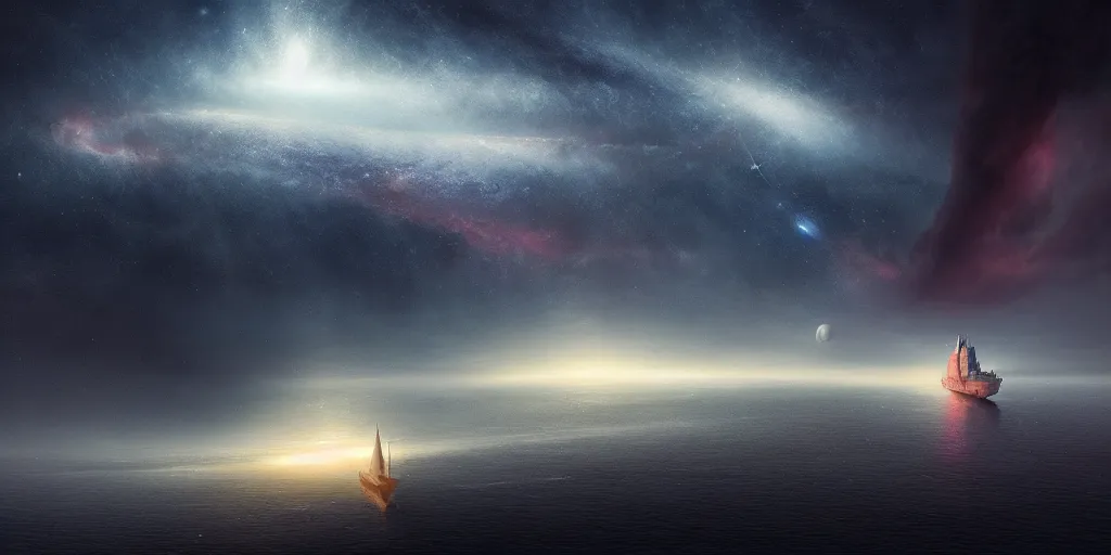 Prompt: detailed beautiful matte painting of a ship sailing a cosmic galaxy by Mikko Lagerstedt and Raphael Lacoste