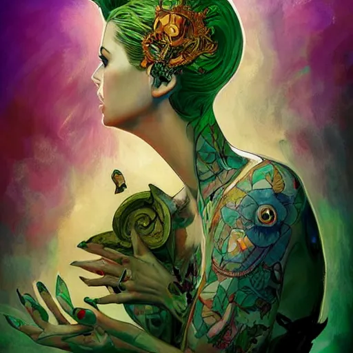 Prompt: upper body portrait shot of green hair tattooed pinup hannah murray, stained glass, model pose, bright color, sun shining through, sharp focus, highly detailed face, specular reflection, art by anato finnstark and lecouffe deharme and pete mohrbacher and quentin mabille and frank moth, fantasy illustrations, epic light novel cover art