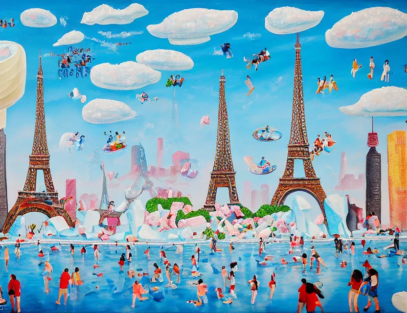 Image similar to a painting of ice sculptures made of icecream in the shape of the skyline of paris with eiffel tower on a very sunny summer day, very hot and the ice is melting fast and people are swimming in the icecream in the style of james jean and fernando botero