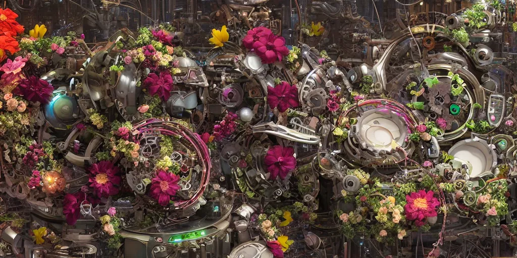 Image similar to a lovely mechanical cornucopia of flowers, sci-fi futuristic, utopian, machine parts, wires, circuits, highly detailed, octane render, cinematic