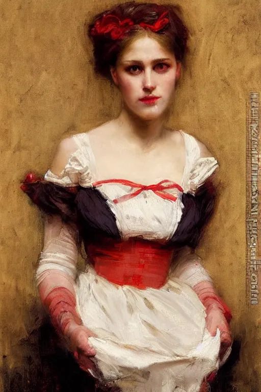 Image similar to Solomon Joseph Solomon and Richard Schmid and Jeremy Lipking victorian genre painting full length portrait painting of a young beautiful woman traditional german barmaid in fantasy costume, red background