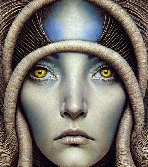 Prompt: detailed realistic beautiful young alien robot as queen of mars face portrait by jean delville, gustave dore and marco mazzoni, art nouveau, symbolist, visionary, gothic, pre - raphaelite. horizontal symmetry by zdzisław beksinski, iris van herpen, raymond swanland and alphonse mucha. highly detailed, hyper - real, beautiful