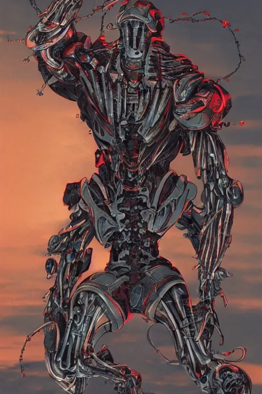 Prompt: beefy biomechanical soldier enhanced using a nanosuit with biological muscle under the armor plating, at dusk, a color cover illustration by tsutomu nihei, tetsuo hara and katsuhiro otomo
