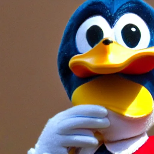 Prompt: close up of donald duck putting a duck in his mouth