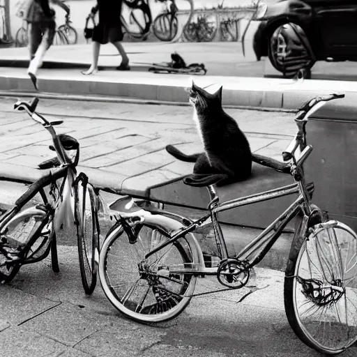 Prompt: cats stealing bicycles in a park in the afternoon, telephoto, documentary shot