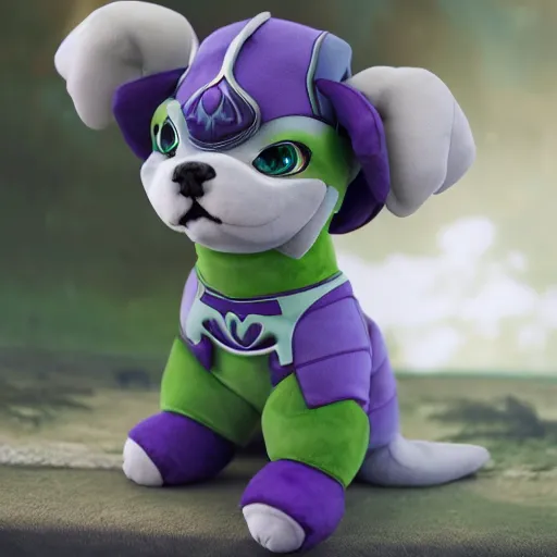 Prompt: cute fumo plush of a knight dog girl of a royal legion, green and purple, vray