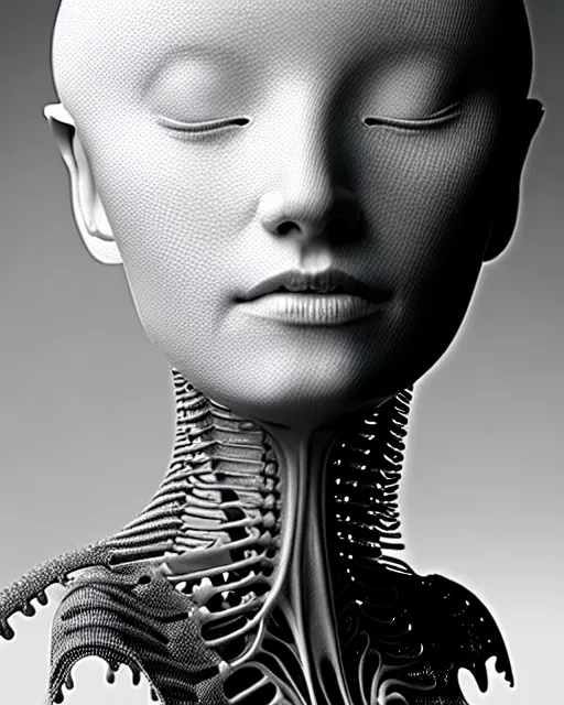 Prompt: dreamy foggy elegant soft luminous bw profile face portrait 3 d render, beautiful young biomechanical - porcelain - female - cyborg with a delicate detailed mandelbrot fractal texture skin and a very long neck with gothic pearl embroidered collar, halo, white smoke atmosphere, rim light, hg giger, 8 k