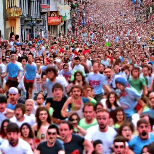 Image similar to the running of the gigantic screaming bob ross in pamplona spain