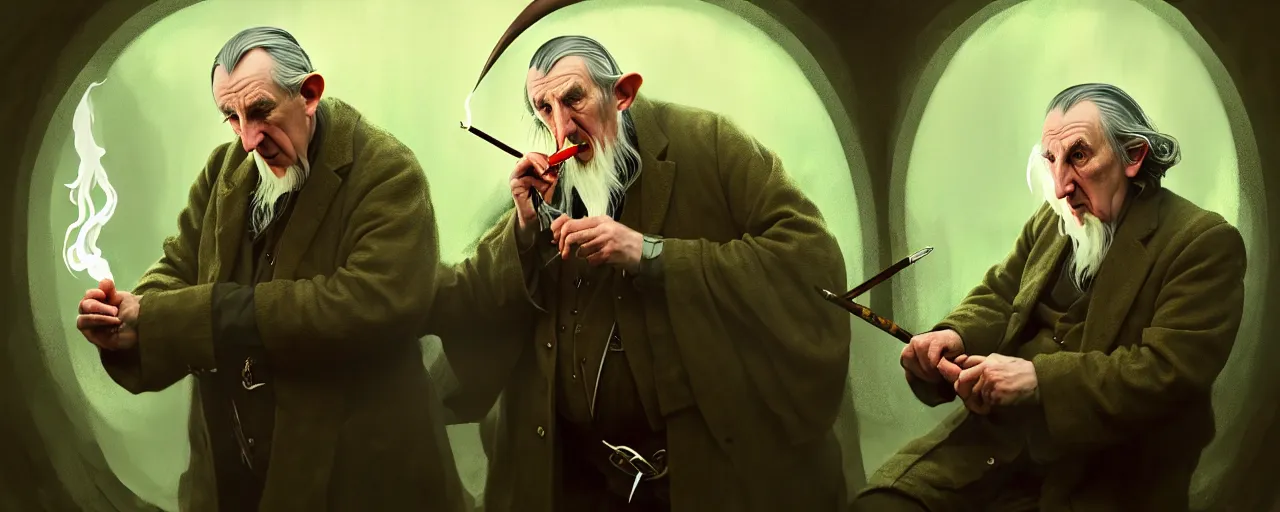 Prompt: duotone concept illustration 3 / 4 portrait of jrr tolkien in hobbit house smoking pipe with gandalf in rustical style. cinematic volumentric lighting. accidental renaissance. by sachin teng and sergey kolesov and ruan jia and heng z. graffiti art, scifi, fantasy, hyper detailed. octane render. concept art. trending on artstation