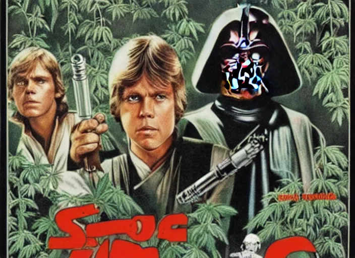 Image similar to vintage 1 9 7 7 star wars episode iv a new hope movie poster, of luke skywalker with bloodshot eyes smoking a huge blunt, surrounded by cannabis plants