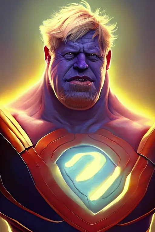 Image similar to Boris Johnson as Thanos, claws are up, X-man costume, Boris Johnson hairstyle, calm, grumpy, portrait, masculine figure, highly detailed, digital painting, artstation, concept art, smooth, sharp focus, illustration, cinematic lighting, art by artgerm and greg rutkowski and alphonse mucha