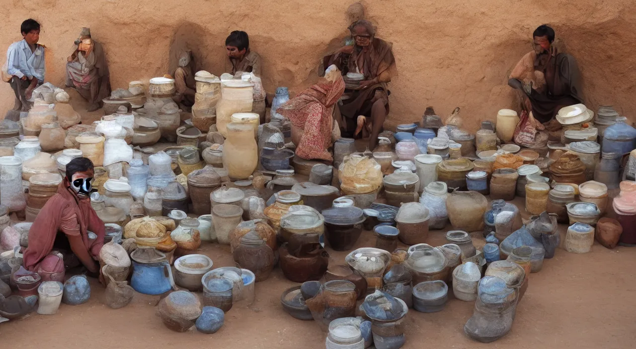 Image similar to A desert shopkeeper selling canteens