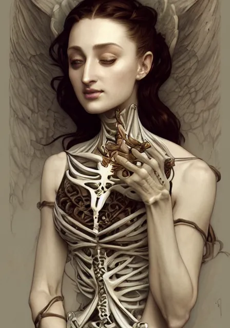 Prompt: skeleton sansa in skeleton deaths, intricate, elegant, highly detailed, digital painting, artstation, concept art, smooth, sharp focus, illustration, art by artgerm and greg rutkowski and alphonse mucha and william - adolphe bouguereau