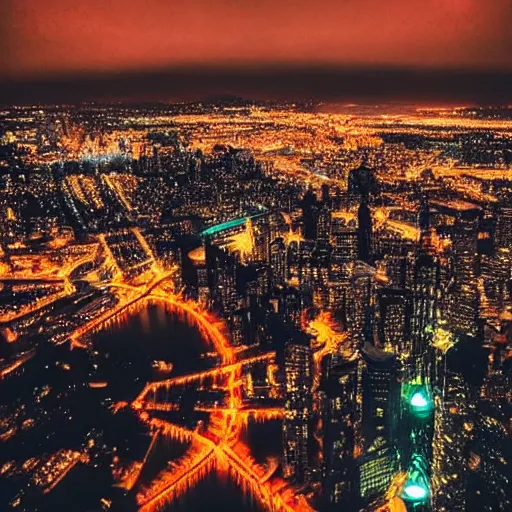 Image similar to city at night viewed from above, instagram contest winner, glowing lights, vivid colors, circuitry