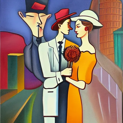 Prompt: A surrealism style painting of a man in a suit and hat standing in front of a woman. The woman is wearing a dress and holding a flower. The man and woman are looking at each other. The background is a cityscape. Rene Magreitte