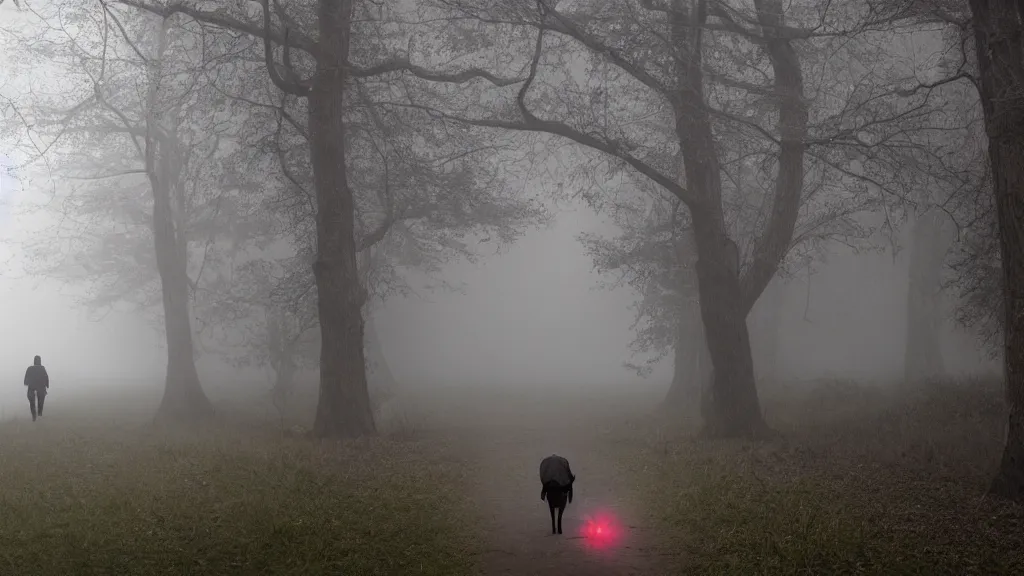 Image similar to realistic environment, a man and his dog walk down a foggy tree-lined lane, in the distance they see two red glowing eyes and the outline of a hulking monster