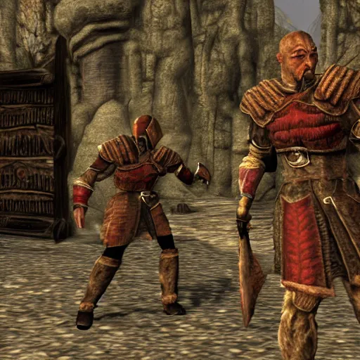 Image similar to attacking screenshot of george st. pierre in morrowind, imperial armor, pc graphics, npc talking, wilderness, 7 2 0 p, elder scrolls iii, detailed, dialog text