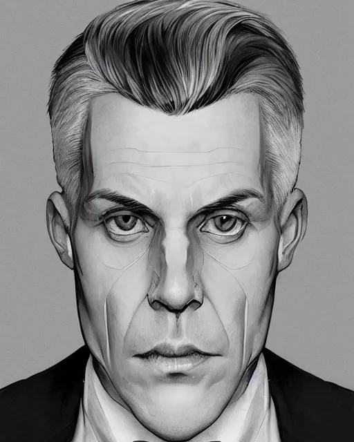 Image similar to portrait of 4 0 - year - old man with white hair with a pale complexion, pointed face and grey eyes, clear smooth face, no beard, wearing black suit and black shirt, haughty facial expression, hyper realistic face, beautiful eyes, close up, fantasy art, in the style of greg rutkowski, intricate, alphonse mucha, hyper detailed, smooth