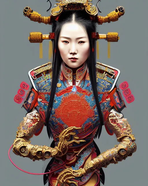 Image similar to portrait of a chinese cyberpunk machine, machine face, arms, upper half portrait, decorated with chinese opera motifs, regal, asian, fine china, wuxia, traditional chinese art intricate intense elegant 京 剧 highly detailed digital painting artstation concept art smooth sharp focus illustration, art by artgerm and greg rutkowski alphonse mucha 8 k