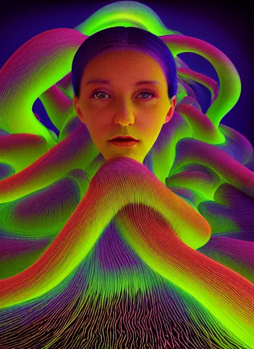 Image similar to hyper detailed 3d render like a Oil painting - Aurora (oil rainbow faced Singer) seen Eating of the Strangling network of yellowcake aerochrome and milky Fruit and Her delicate Hands hold of gossamer polyp blossoms bring iridescent fungal flowers whose spores black out the foolish stars by Jacek Yerka, Mariusz Lewandowski, Houdini algorithmic generative render, Abstract brush strokes, Masterpiece, Edward Hopper and James Gilleard, Zdzislaw Beksinski, Mark Ryden, Wolfgang Lettl, hints of Yayoi Kasuma, octane render, 8k