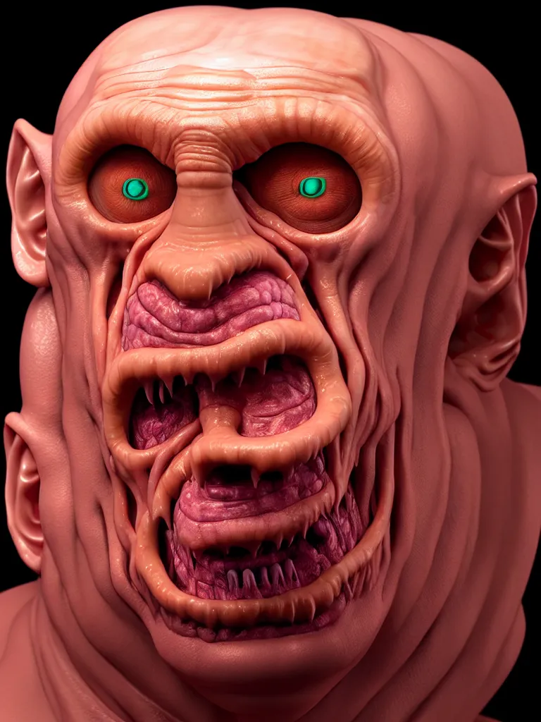 Image similar to hyperrealistic rendering, fat smooth cronenberg flesh monster vladimir putin by donato giancola and greg rutkowski and wayne barlow and zdzisław beksinski, eyeballs, product photography, action figure, sofubi, studio lighting, colored gels, colored background