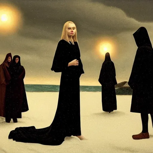 Image similar to Elle Fanning with a creepy cult at night in the world of Edward Hopper, stormy snowy weather, beach, fire, black robes, extremely detailed masterpiece, oil on canvas, low-key neon lighting, artstation, Blade Runner 2049, Roger Deakin’s cinematography, by J. C. Leyendecker and Peter Paul Rubens,