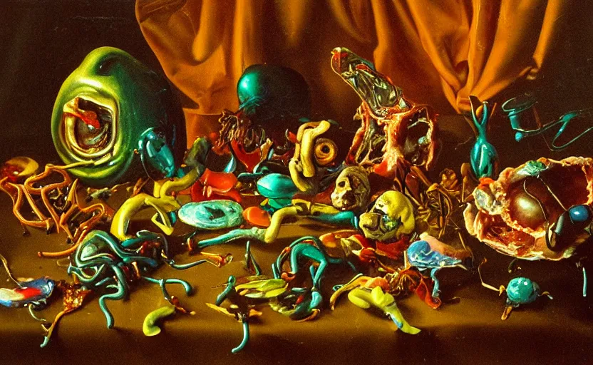 Prompt: disturbing colorful oil painting dark background dutch golden age vanitas still life weird flowers beautiful composition with bizarre objects strange gooey transparent surfaces shiny metal reflections bizarre mutant meat insects rachel ruysch dali todd schorr very detailed perfect composition rule of thirds masterpiece canon 5 0 mm, cinematic lighting, photography, retro, film, kodachrome