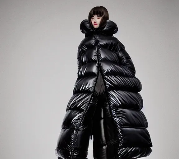 Image similar to well lit fashion shoot portrait of extremely beautiful female black marble statue wearing huge puffer jacket over size futuristic outerwear, puffer trouser, puffer jacket, puffer jacket by moncler genius, dingyun zhang, yeezy, balenciaga, vetements, sharp focus, clear, detailed, detailed, glamorous, symmetrical, vogue, editorial, fashion,